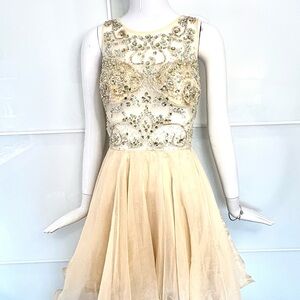💎 MAY QUEEN Couture Champagne Beaded Illusion Formal Prom Princesscore Sz 8 M